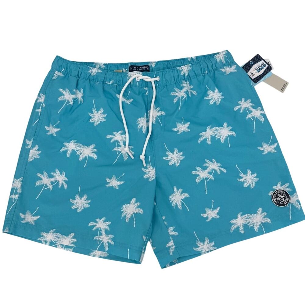NWT Original Penguin Lined Swim Trunk Short Blue Atoll Palm Tree Size X-LARGE